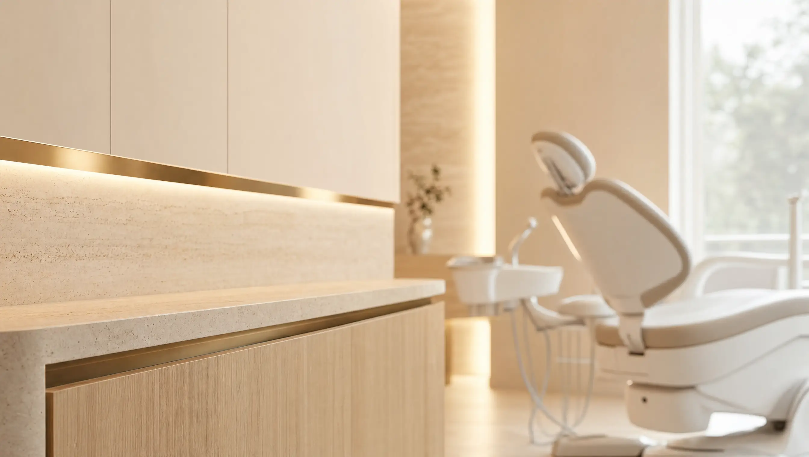 The HY Dental Smile Studio treatment room — travertine, pale oak and brushed brass in soft daylight