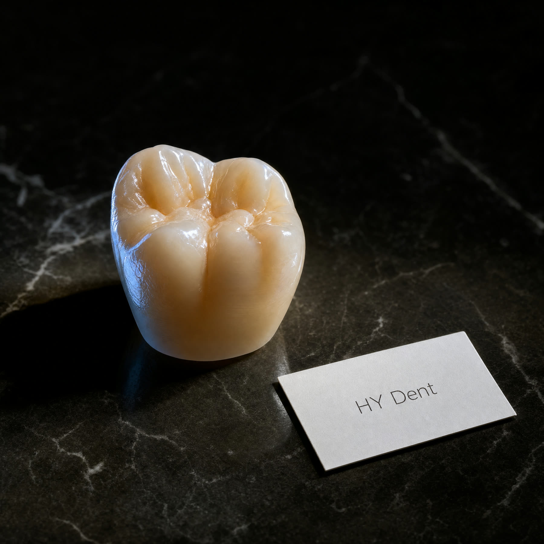 Ivoclar zirconia crown macro shot with HY Dent clinic label