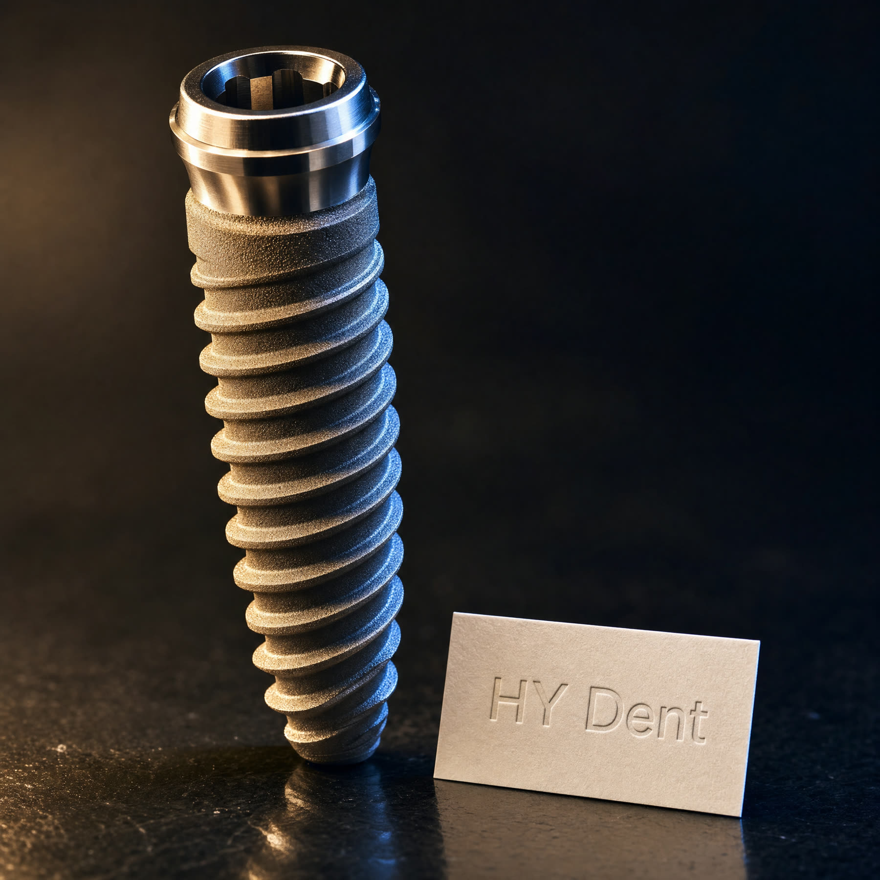 MegaGen dental implant macro shot with HY Dent clinic label