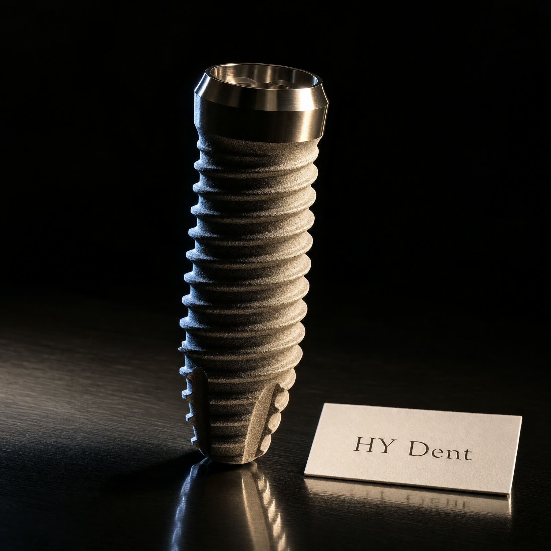 Straumann dental implant macro shot with HY Dent clinic label