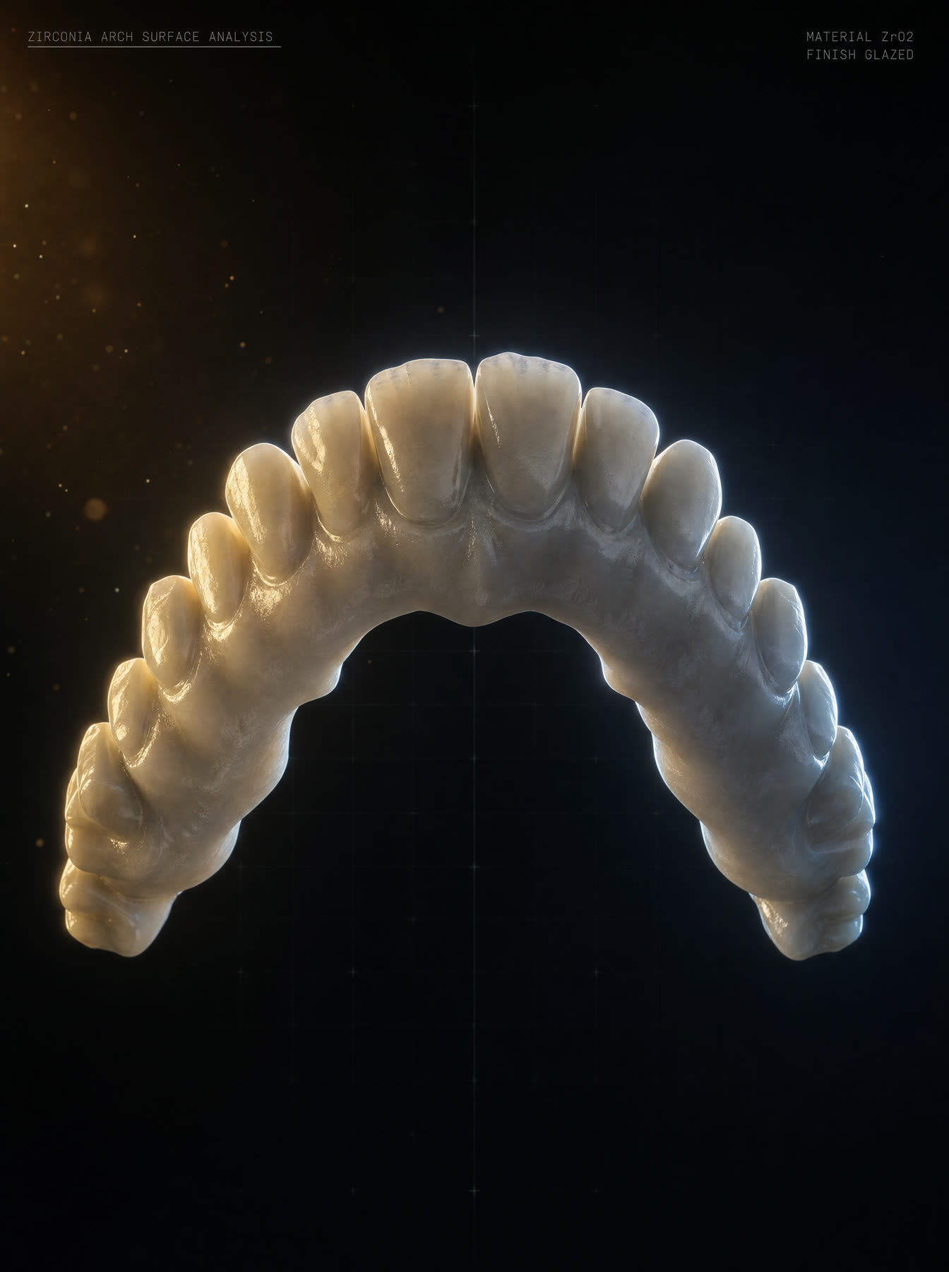 Studio portrait of a completed zirconium smile, lit from the side