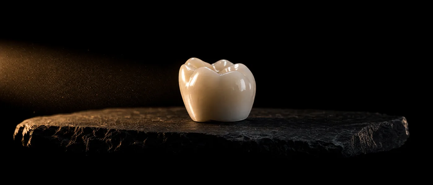 A single glazed zirconia molar crown on dark stone, lit from one side