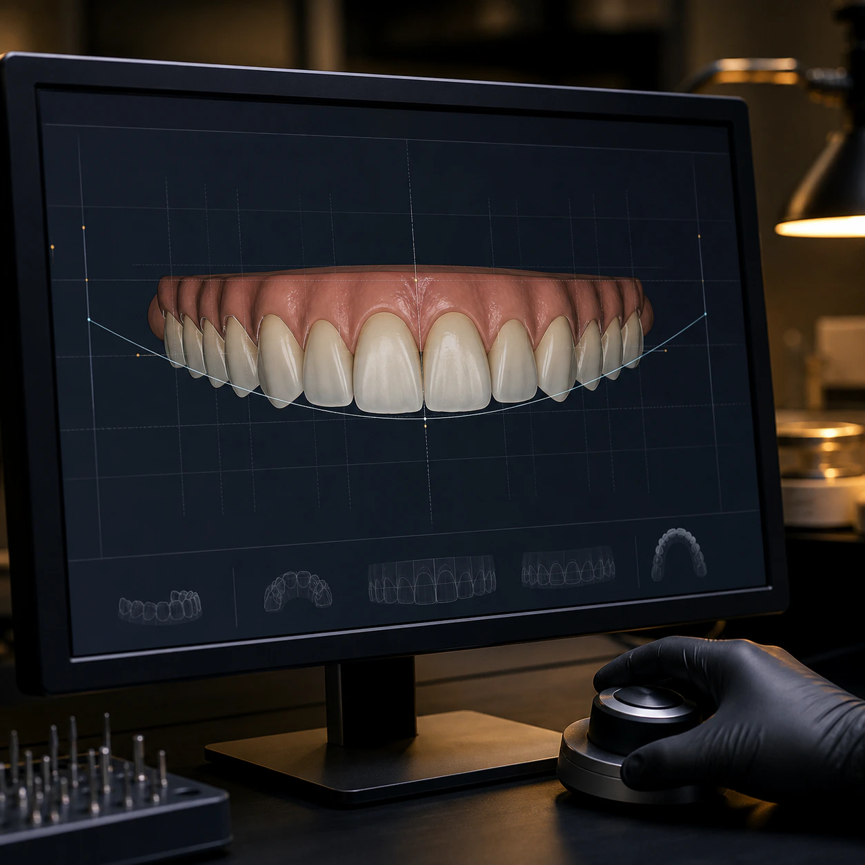 An anonymised digital full-arch smile design on a dark CAD workstation