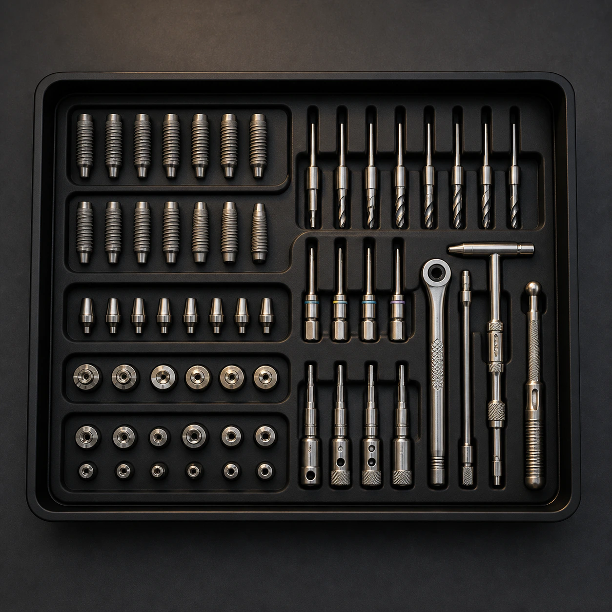 Titanium implant components arranged on a surgical tray