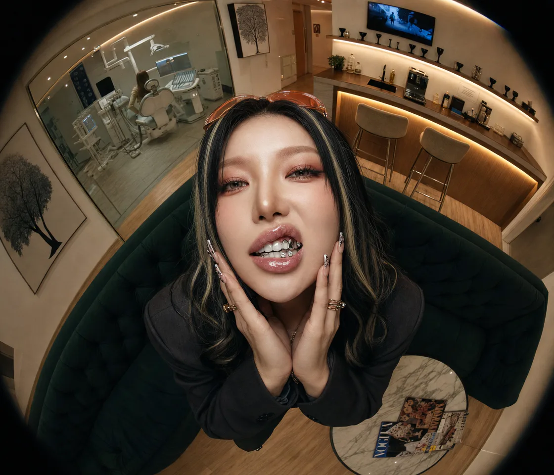 Wide-angle editorial portrait inside a warmly lit dental studio concept