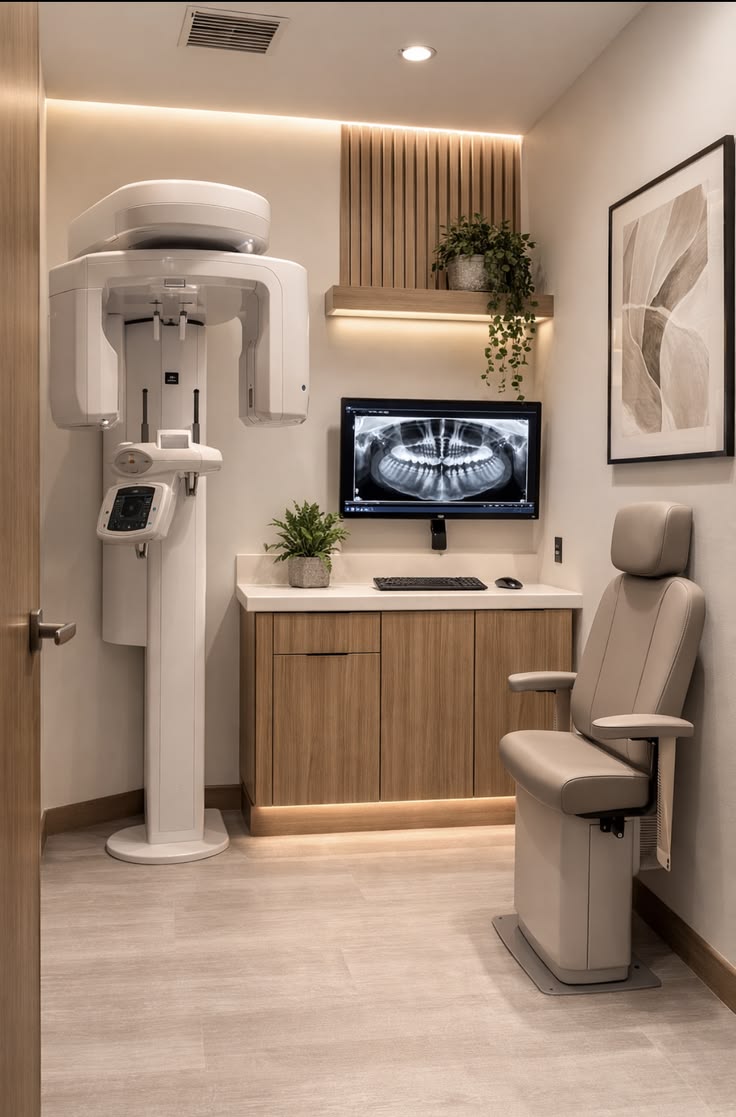 HY Dent imaging room with a panoramic X-ray unit and a panoramic scan on the wall monitor