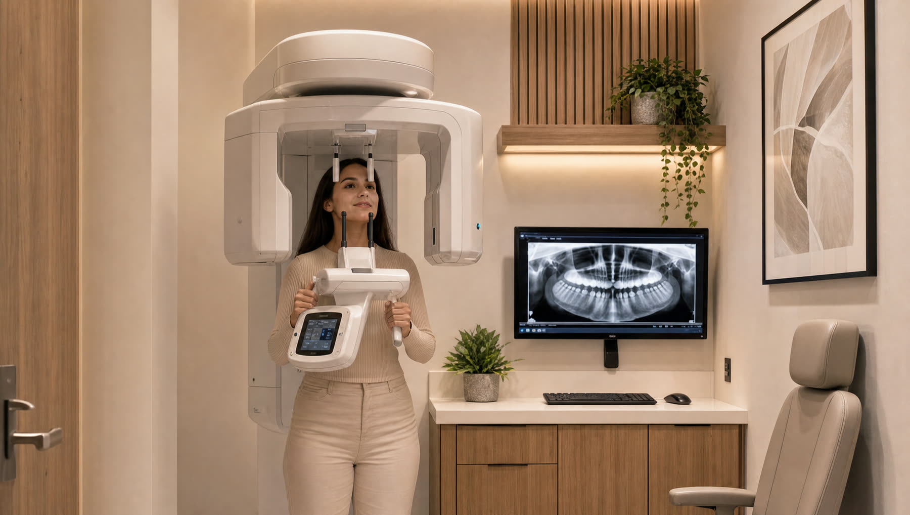 Patient standing in the panoramic X-ray unit while a full-jaw scan is taken