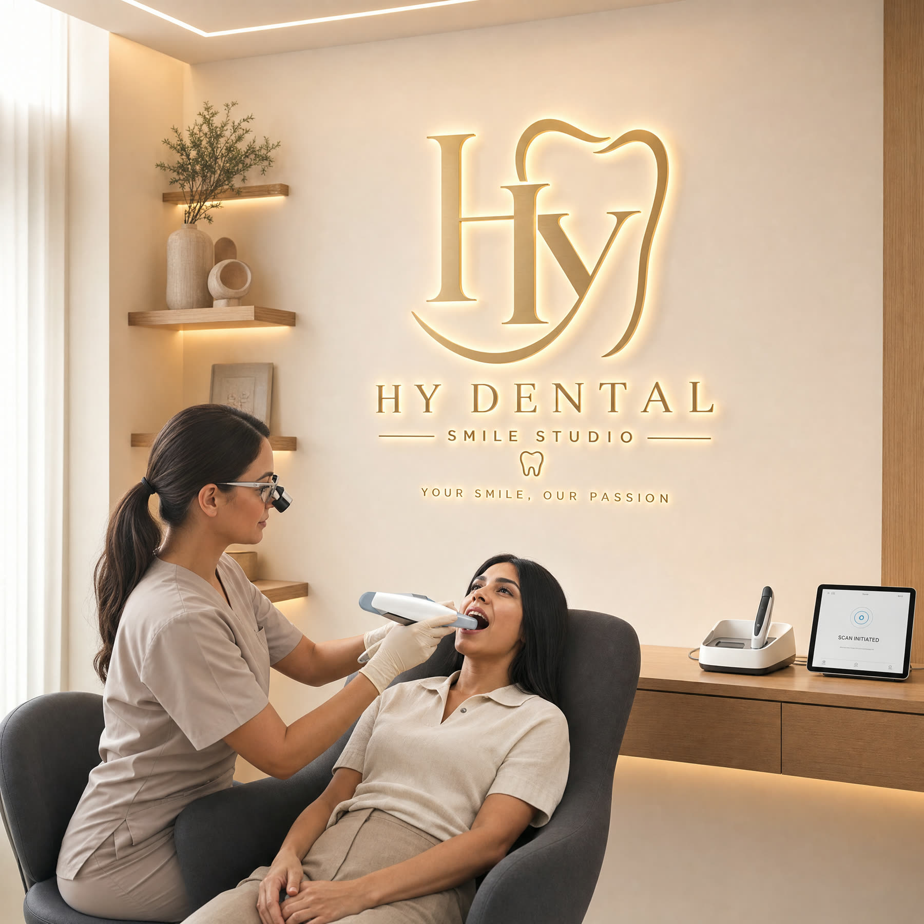 Clinician taking a digital impression with an intraoral scanner wand
