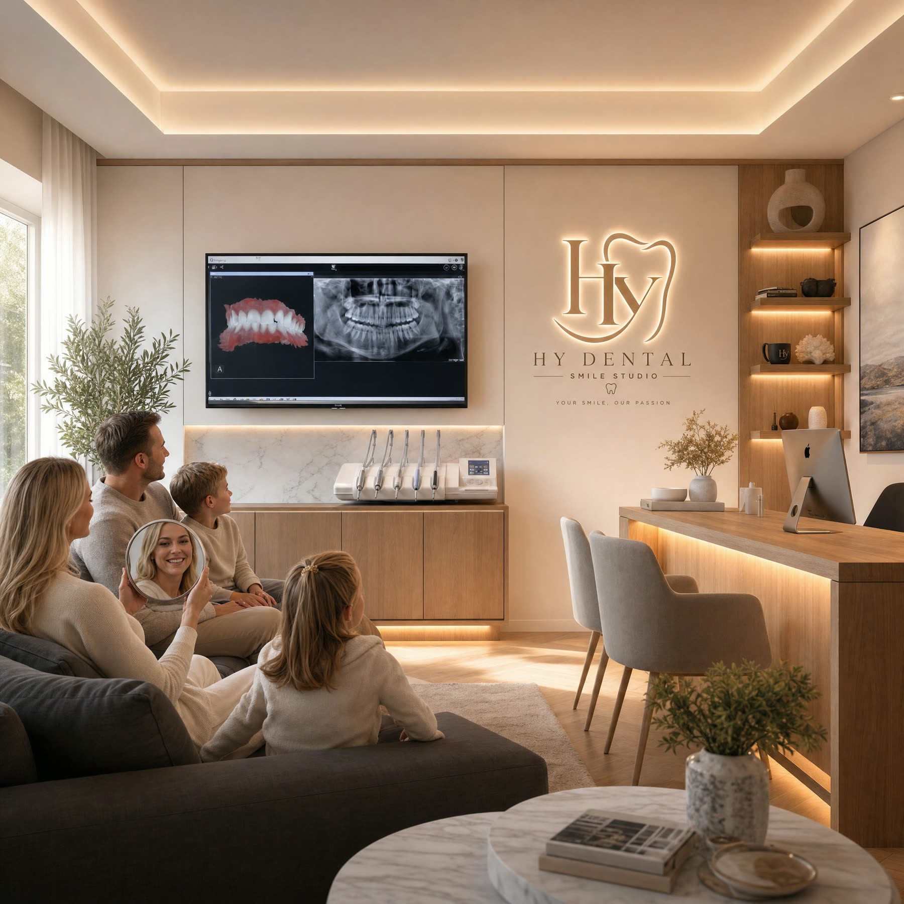 Family seated in the HY Dent lounge while a dental scan is displayed on the wall screen