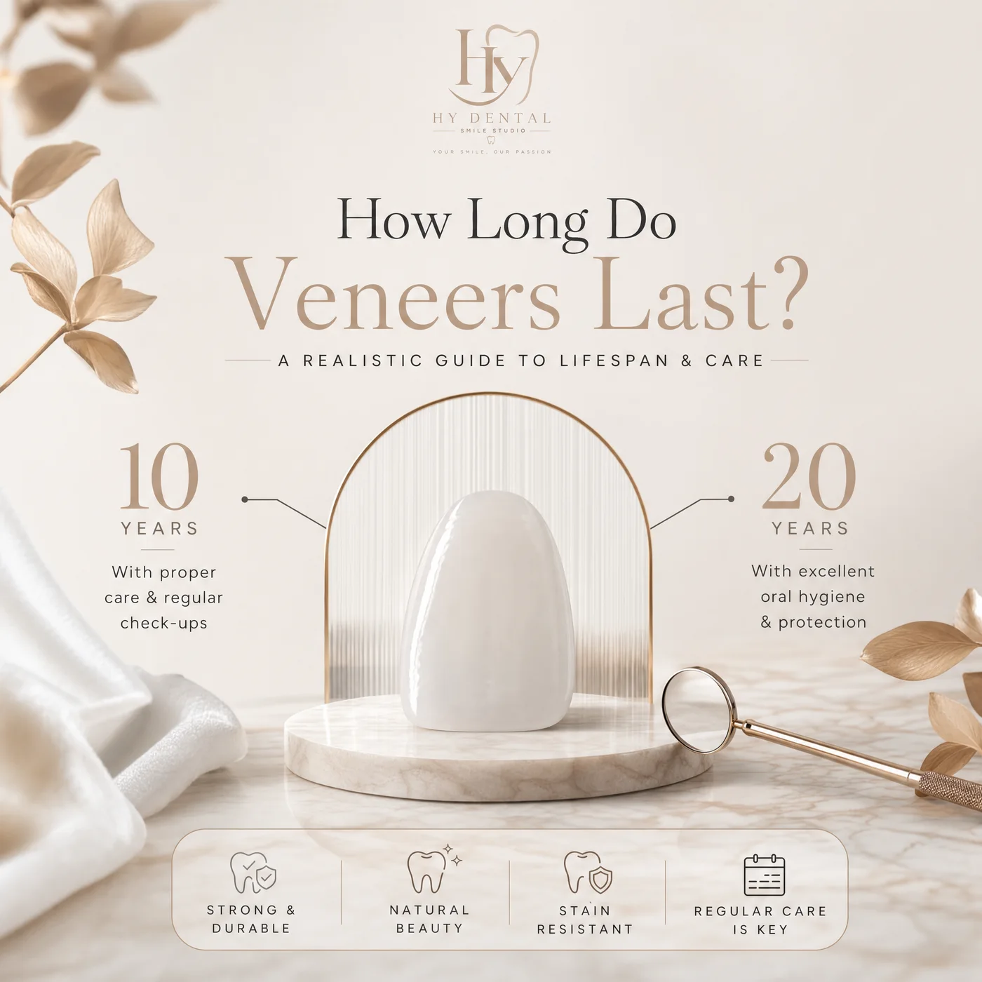 HY Dental Infografik: wie lange Veneers halten — zehn Jahre bei guter Pflege und regelmäßigen Kontrollen, zwanzig bei ausgezeichneter Mundhygiene und Schutz