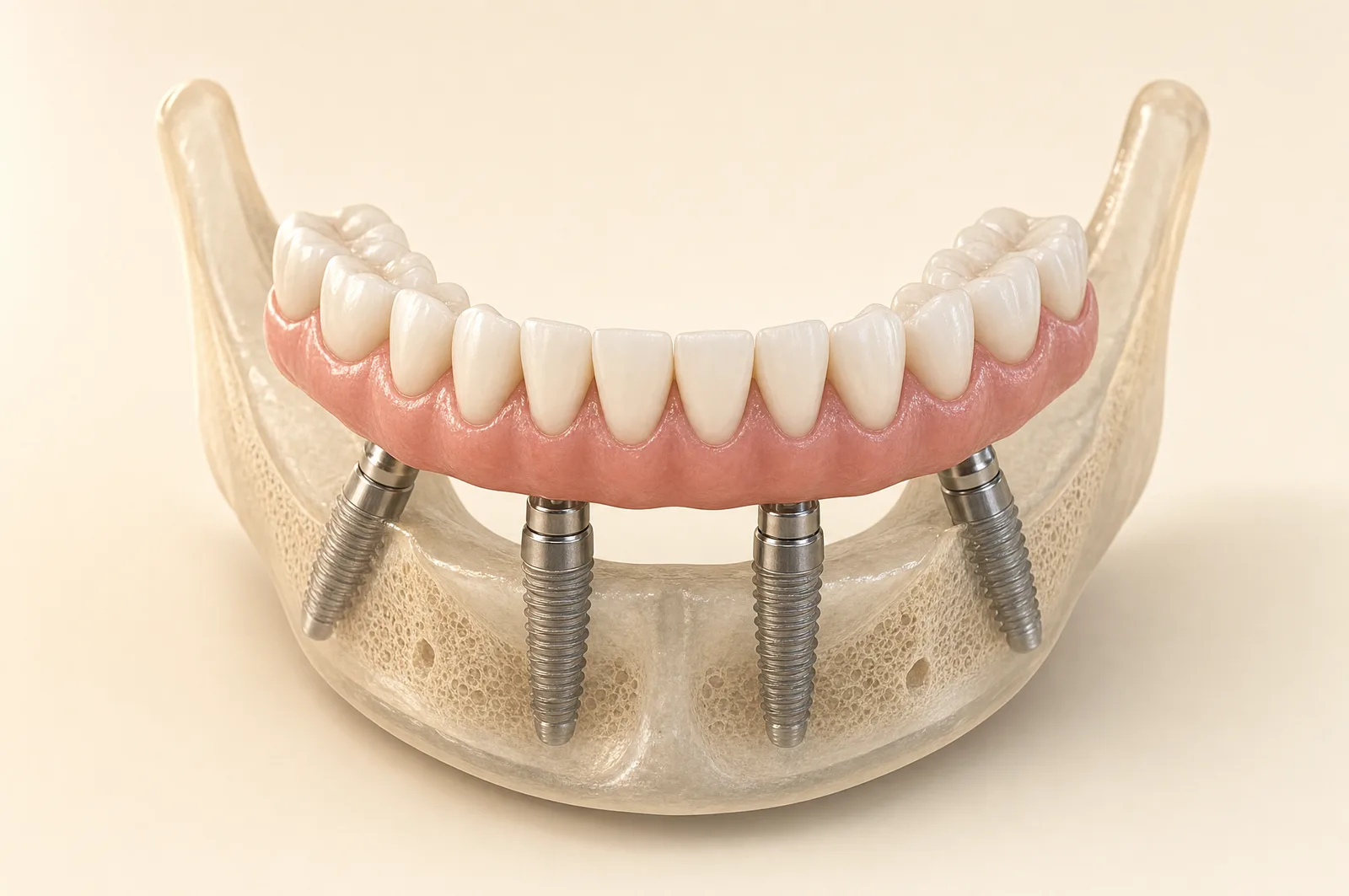 3D render: a full lower arch of fixed teeth supported by four titanium implants in the jawbone