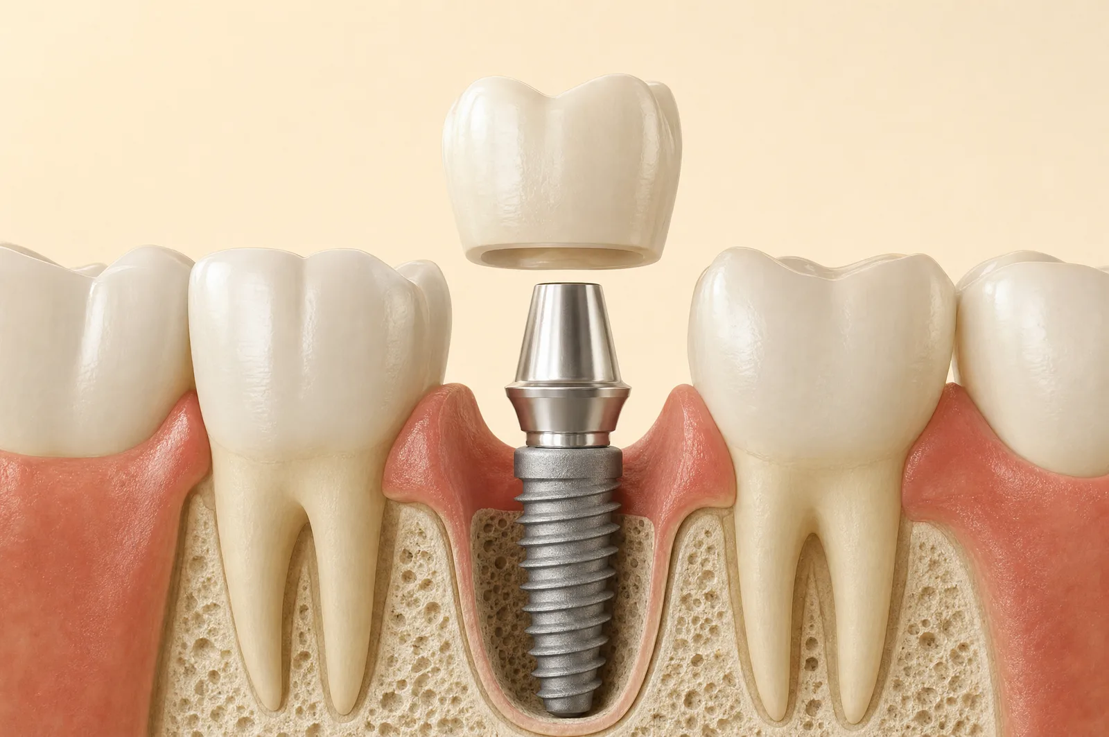 3D render: a titanium implant and abutment set in the jawbone between two natural teeth, with the ceramic crown above it