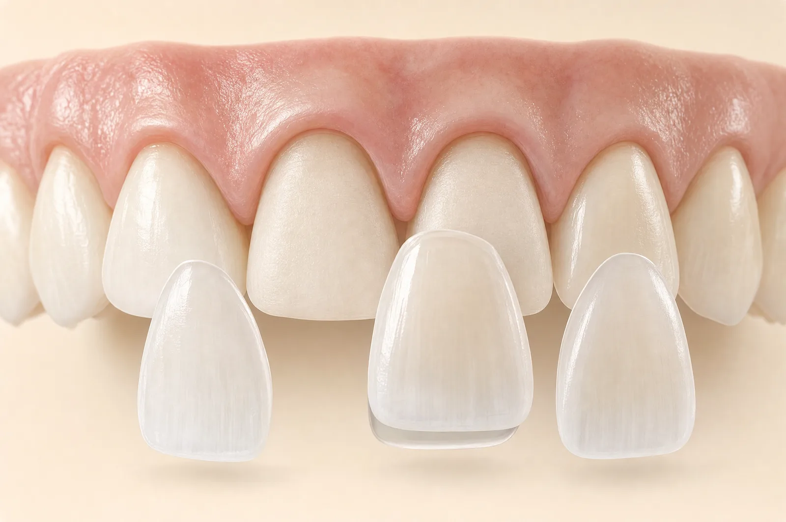 3D render: ultra-thin porcelain veneer shells, one being placed on a prepared front tooth
