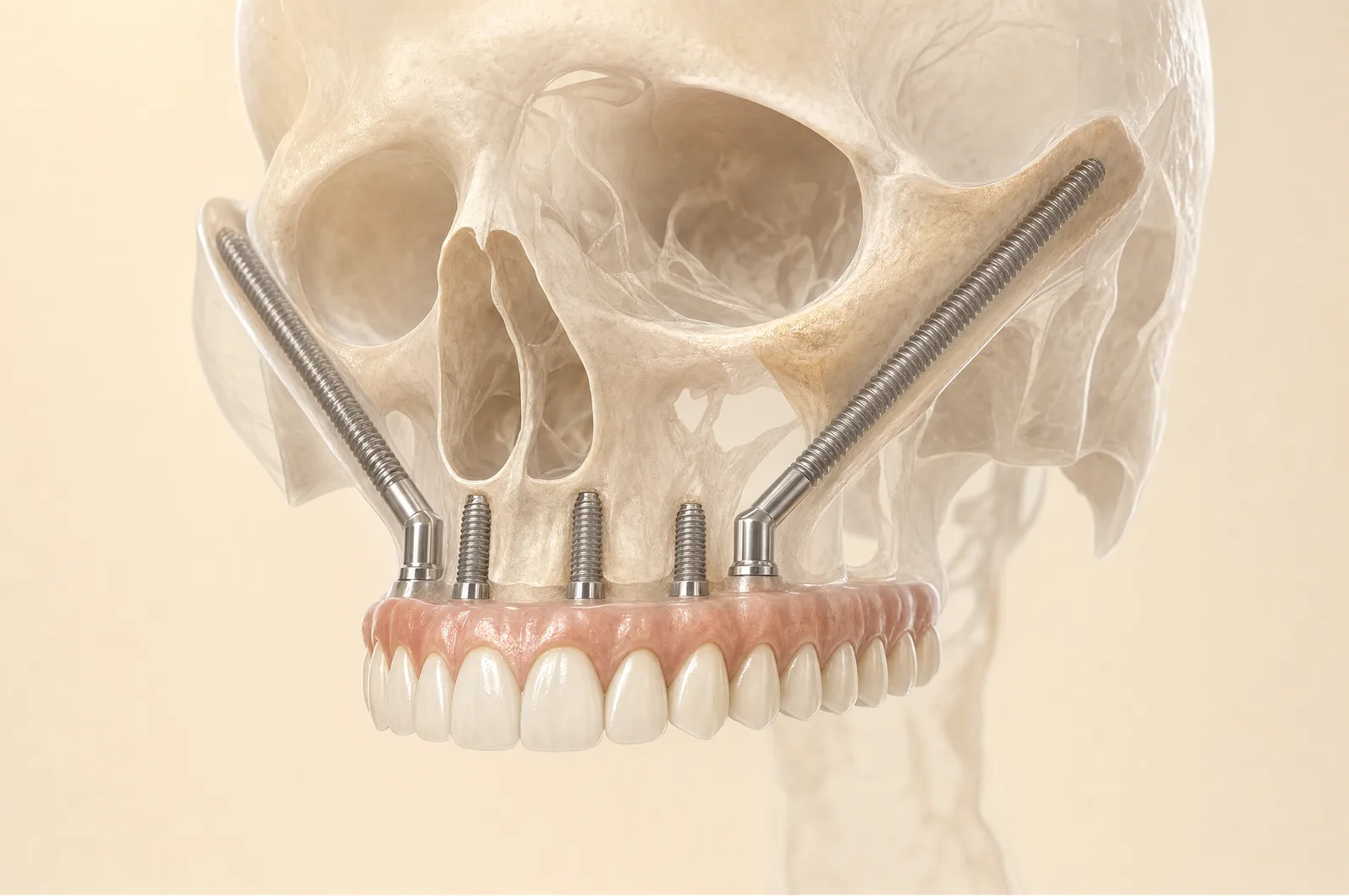 3D render: two long zygomatic implants anchored in the cheekbone, carrying a fixed upper arch