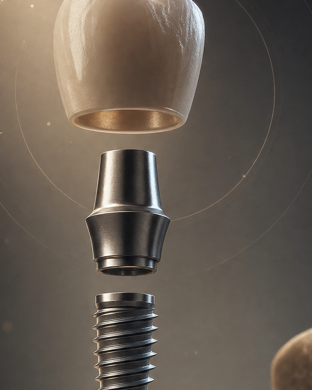 Branded dental implant construction illustration in warm metallic tones