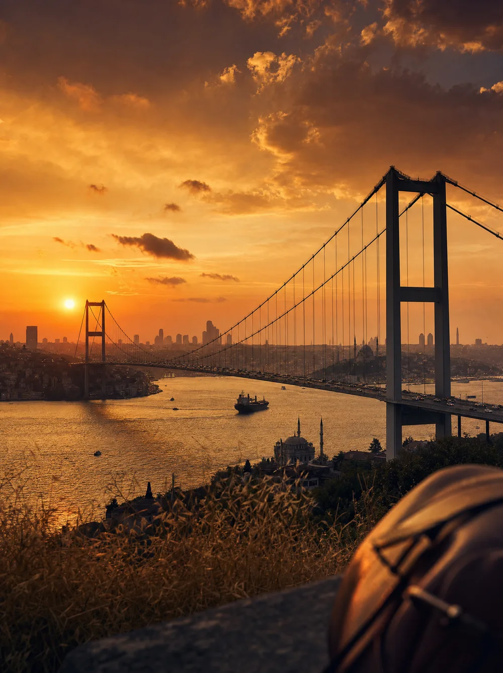 The Bosphorus and the first bridge at sunset, seen from the European side of Istanbul